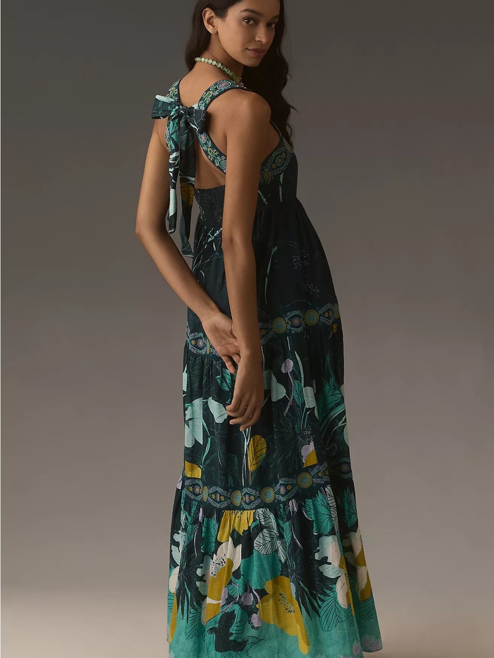 Anthropologie Teal Green Floral Tiered Maxi Dress - Picture 4 of 7